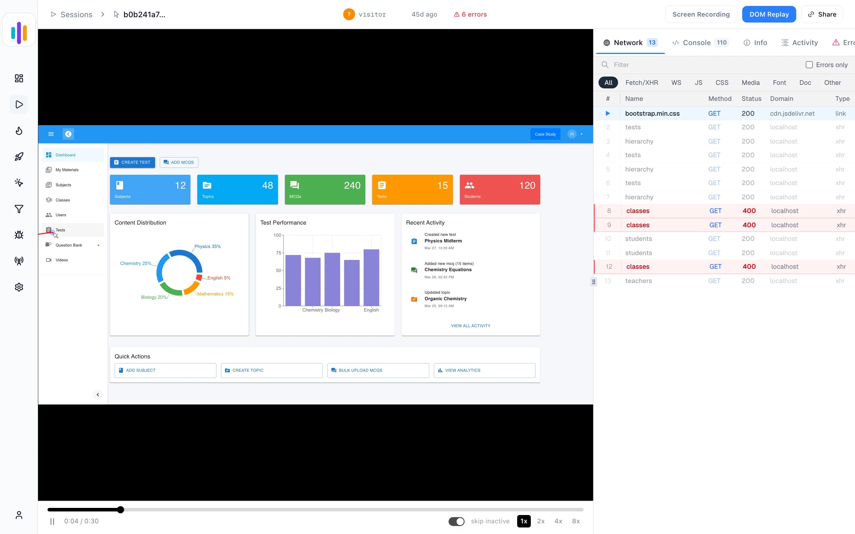 Session replay with DOM replay and network inspection